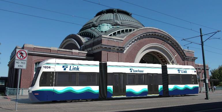 A preliminary rendering of the proposed Brookville Liberty LRV for Sound Transit Tacoma Link. Design details and color of the actual vehicles may be subject to change.