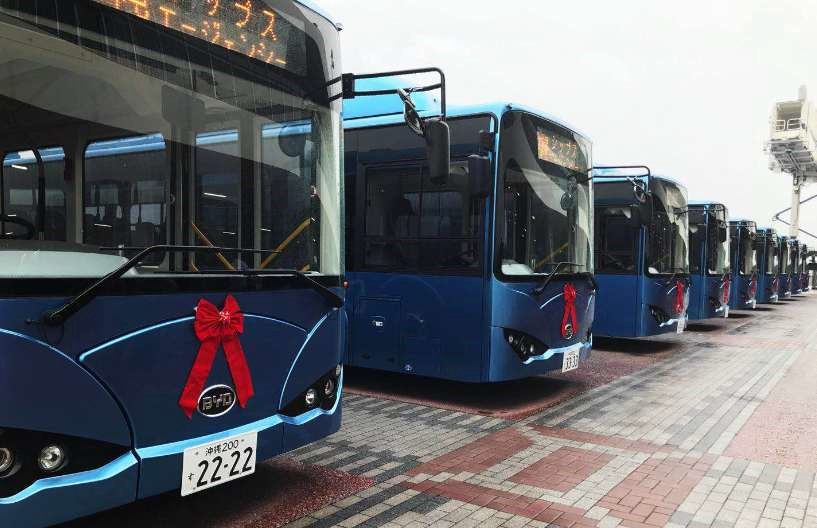 Line up of BYD K9 electric buses ready for service at Okinawa Naha Port.