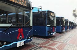 Line up of BYD K9 electric buses ready for service at Okinawa Naha Port.