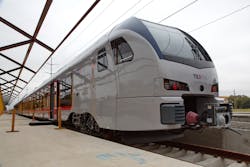 The contract for delivery of eight FLIRT trains was signed in June 2015. The multiple unit trains, powered by diesel-electric propulsion, will soon be used for travel on the TEXRail line between Fort Worth and Dallas/Fort Worth International Airport's Terminal B. The contract for delivery of eight FLIRT trains was signed in June 2015. The multiple unit trains, powered by diesel-electric propulsion, will soon be used for travel on the TEXRail line between Fort Worth and Dallas/Fort Worth International Airport's Terminal B.