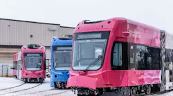 Three Oklahoma City Streetcar outside of Brookville’s Pennsylvania manufacturing facility in February 2018.