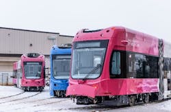 Three Oklahoma City Streetcar outside of Brookville&rsquo;s Pennsylvania manufacturing facility in February 2018.