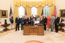 President Donald J. Trump, joined by Vice President Mike Pence and members of his Cabinet, from left to right, Director of the National Economic Council Larry Kudlow; Mick Mulvaney the Director of the Office of Management and Budget; U.S. Secretary of Homeland Security Kristjen Nielsen; U.S. Administrator of the Environmental Protection Agency Scott Pruitt; U.S. Secretary of Interior Ryan Zinke; U. S. Secretary of Housing and Urban Development Ben Carson; U.S. Secretary of Transportation Elaine Chao; U.S. Commerce Secretary Wilbur Ross; U.S. Secretary of Agriculture Sonny Perdue; Assistant to the President Ivanka Trump ; Secretary of the U.S. Army, Mark T. Esper and Assistant Secretary of U.S. Army Ricky “R.D.” James, holds the signed One Federal Decision Memorandum of Understanding in the Oval Office at the White House, Monday, April 9, 2018, in Washington, D.C., which establishes a coordinated and timely process for environmental reviews of major infrastructure projects. President Donald J. Trump, joined by Vice President Mike Pence and members of his Cabinet, from left to right, Director of the National Economic Council Larry Kudlow; Mick Mulvaney the Director of the Office of Management and Budget; U.S. Secretary of Homeland Security Kristjen Nielsen; U.S. Administrator of the Environmental Protection Agency Scott Pruitt; U.S. Secretary of Interior Ryan Zinke; U. S. Secretary of Housing and Urban Development Ben Carson; U.S. Secretary of Transportation Elaine Chao; U.S. Commerce Secretary Wilbur Ross; U.S. Secretary of Agriculture Sonny Perdue; Assistant to the President Ivanka Trump ; Secretary of the U.S. Army, Mark T. Esper and Assistant Secretary of U.S. Army Ricky “R.D.” James, holds the signed One Federal Decision Memorandum of Understanding in the Oval Office at the White House, Monday, April 9, 2018, in Washington, D.C., which establishes a coordinated and timely process for environmental reviews of major infrastructure projects.