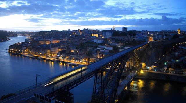 Porto general view with the light rail on the bridge.