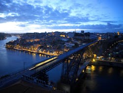 Porto general view with the light rail on the bridge.