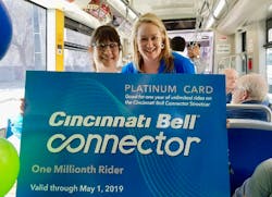 Angie Jolevski was selected as the millionth ride prize package winner after boarding the streetcar at the Cincinnati Cyclones station at The Banks. Angie Jolevski was selected as the millionth ride prize package winner after boarding the streetcar at the Cincinnati Cyclones station at The Banks.