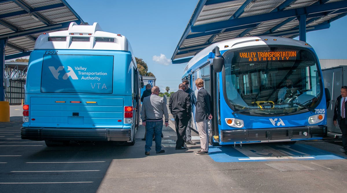 VTA&apos;s electric buses and the charging pilot program were on display at a news conference at VTA&rsquo;s Cerone Bus Yard Thursday, April 19.
