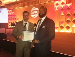 Palm Tran Executive Director Clinton B. Forbes and Director of Support Services Charles Frazier accepted Palm Tran’s Certificate of Merit for Safety Award at the APTA Bus and Paratransit Conference in Tampa on May 8, 2018. Palm Tran Executive Director Clinton B. Forbes and Director of Support Services Charles Frazier accepted Palm Tran’s Certificate of Merit for Safety Award at the APTA Bus and Paratransit Conference in Tampa on May 8, 2018.
