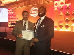Palm Tran Executive Director Clinton B. Forbes and Director of Support Services Charles Frazier accepted Palm Tran&rsquo;s Certificate of Merit for Safety Award at the APTA Bus and Paratransit Conference in Tampa on May 8, 2018.
