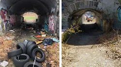 A before and after photo of the pedestrian path near Forest Hills.