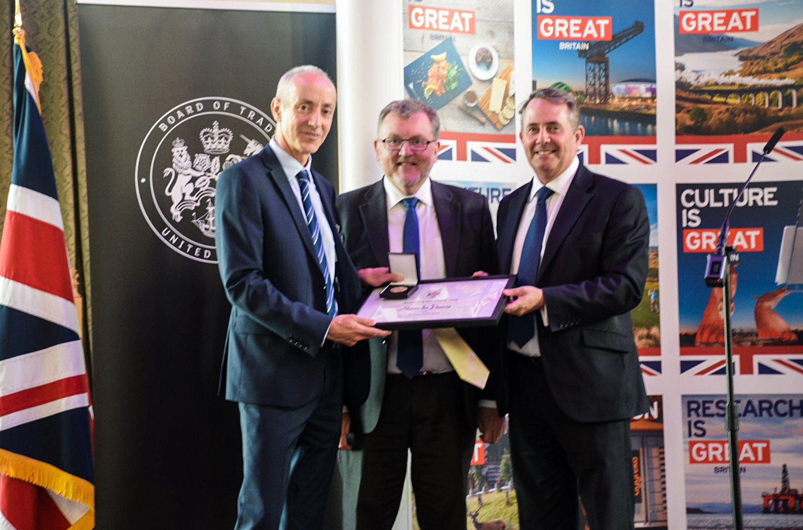 Robert Davey (ADL group commercial & business development director) accepted the Board of Trade Award from David Mundell MP (secretary of State for Scotland) and Dr Liam Fox MP (secretary of State for International Trade and president of the Board of Trade).