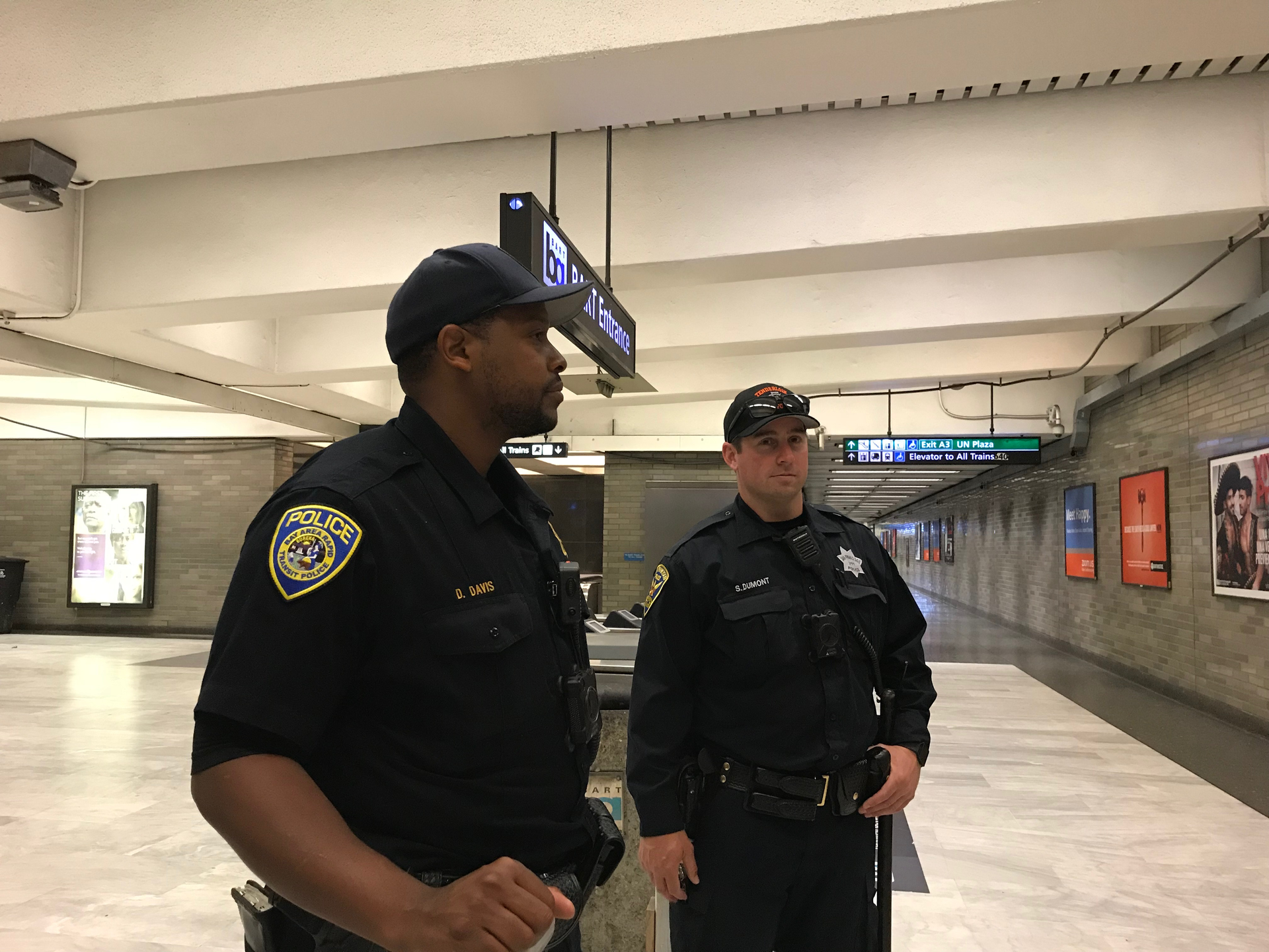 BART PD Officer D. Davis and SFPD Officer S. Dumont on a joint foot patrol.