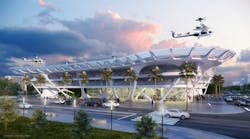 Renderings of Gannett Fleming's station with vehicles approaching for the Uber Elevate Skyport Challenge. Renderings of Gannett Fleming's station with vehicles approaching for the Uber Elevate Skyport Challenge.