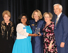 Left to right: Mary Peters, former U.S. Secretary of Transportation; Taruna Tayal, VHB; Diane Woodend Jones, WTS Board of Directors Chair; Laurie Cullen, VHB; Mike Carragher, VHB .