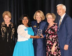 Left to right: Mary Peters, former U.S. Secretary of Transportation; Taruna Tayal, VHB; Diane Woodend Jones, WTS Board of Directors Chair; Laurie Cullen, VHB; Mike Carragher, VHB .
