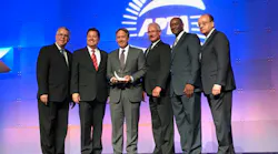 Photo (from L to R): Doran Barnes, Past APTA Chair; David Bagley, MTS system safety manager; Paul Jablonski, MTS chief executive officer; Wayne Terry, MTS Rail chief operating officer, Brian Riley, MTS Rail Transportation Superintendent; and Paul Skoutelas, APTA chief executive officer.