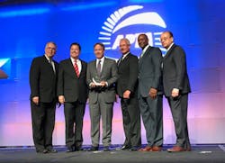 Photo (from L to R): Doran Barnes, Past APTA Chair; David Bagley, MTS system safety manager; Paul Jablonski, MTS chief executive officer; Wayne Terry, MTS Rail chief operating officer, Brian Riley, MTS Rail Transportation Superintendent; and Paul Skoutelas, APTA chief executive officer. Photo (from L to R): Doran Barnes, Past APTA Chair; David Bagley, MTS system safety manager; Paul Jablonski, MTS chief executive officer; Wayne Terry, MTS Rail chief operating officer, Brian Riley, MTS Rail Transportation Superintendent; and Paul Skoutelas, APTA chief executive officer.