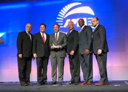 Photo (from L to R): Doran Barnes, Past APTA Chair; David Bagley, MTS system safety manager; Paul Jablonski, MTS chief executive officer; Wayne Terry, MTS Rail chief operating officer, Brian Riley, MTS Rail Transportation Superintendent; and Paul Skoutelas, APTA chief executive officer.