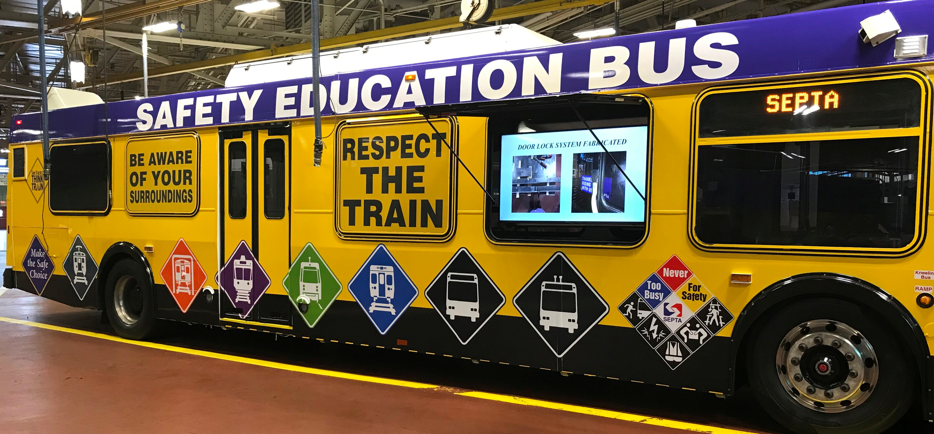 The bus is equipped with the Safe Turn Alert System; two TV monitors to play safety videos; and educational brochures and posters.