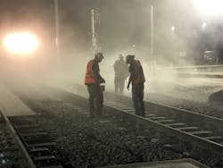 Rail track accidents often result from a breakdown in communication between the train operation control center and the contracting crew. Rail track accidents often result from a breakdown in communication between the train operation control center and the contracting crew.