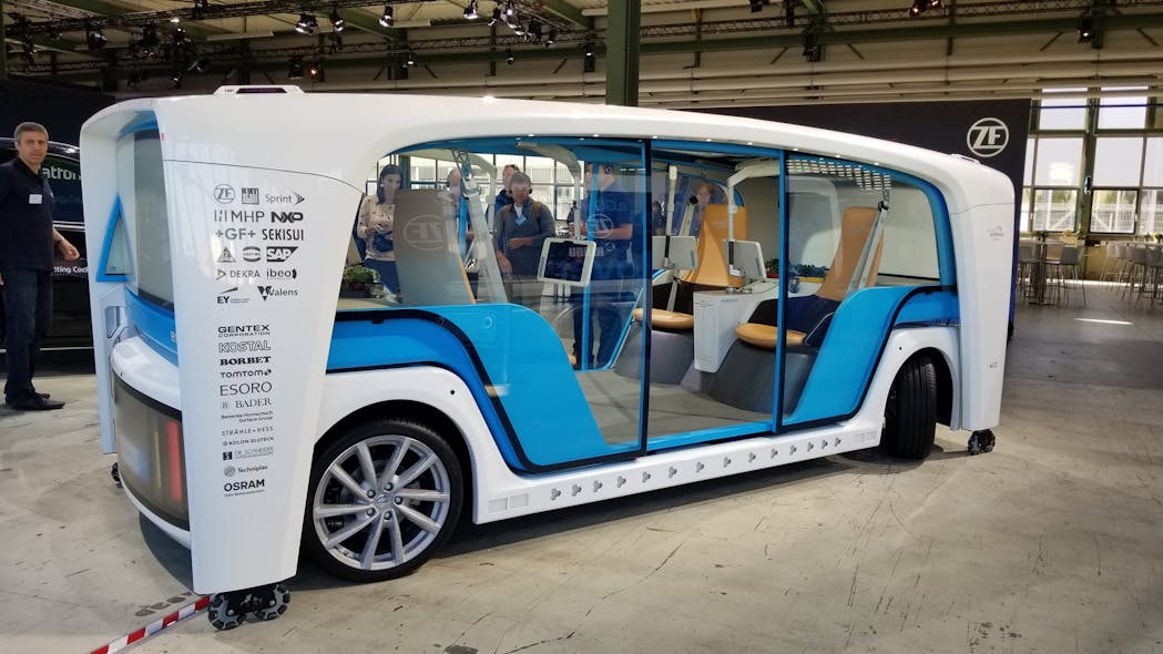 ZF&apos;s concept car uses a removable, autonomous, shared chassis, the most expensive part of auto-ownership. People could pay a monthly fee to utilize on-demand chassis and while your pod is parked, the chassis can drive away to do other tasks.