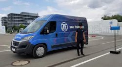 In ZF's Innovation Van, autonomous technology is used to improve the first-last mile efficiency of package delivery. (For the demonstration, the face shield worn is different than their actual design which more closely resembles glasses. They could not be shown due to propriety information.)