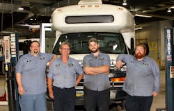 Four Heroes (pictured, L to R): Doug Gougeon, Larry Lautner, Steven Markel and John Baxter in front of a Blue Water Area Transit bus in the agency’s garage. Four Heroes (pictured, L to R): Doug Gougeon, Larry Lautner, Steven Markel and John Baxter in front of a Blue Water Area Transit bus in the agency’s garage.
