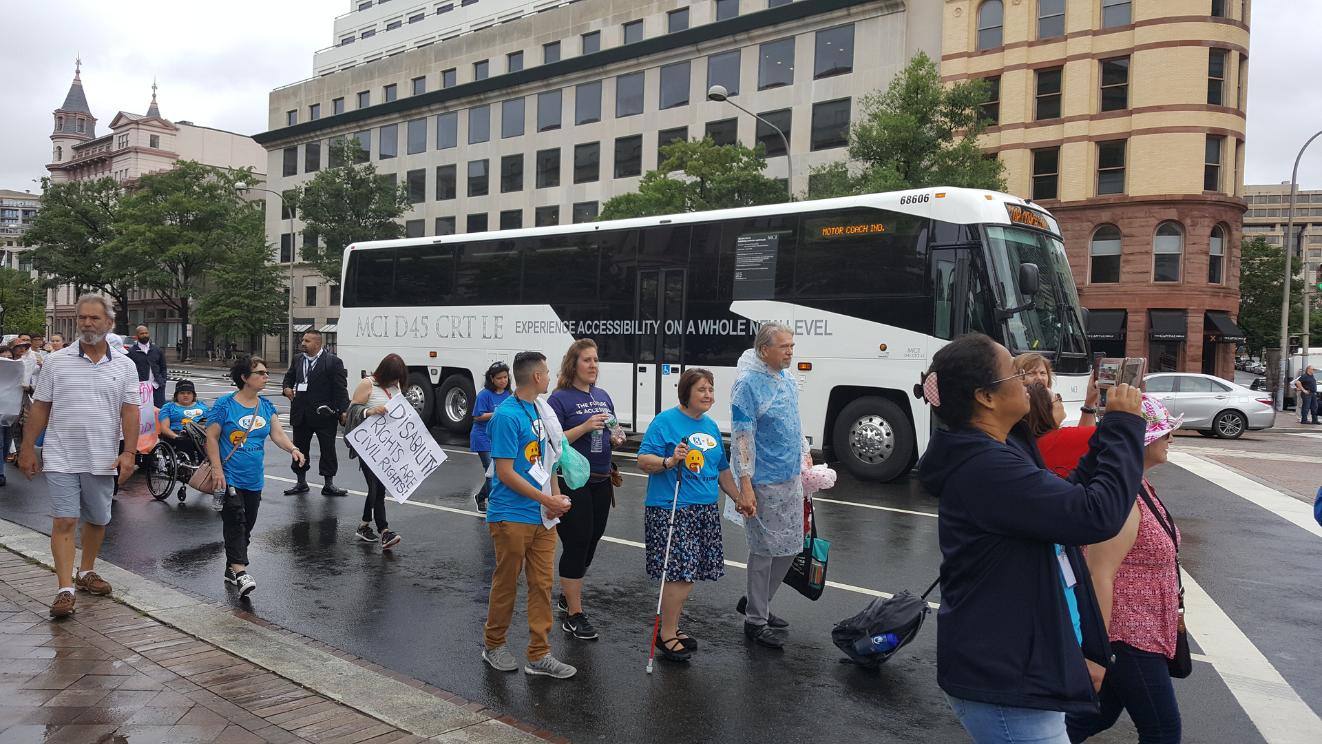 MCI's new D45 CRT LE Commuter Coach joined the July 24 March to the U.S. Capitol sponsored by the National Council on Independent Living.