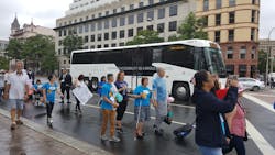 MCI&apos;s new D45 CRT LE Commuter Coach joined the July 24 March to the U.S. Capitol sponsored by the National Council on Independent Living.