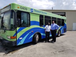 Lamar Howard, First Transit safety supervisor (left) and Michael Chinn, First Transit general manager. First Transit announced it has been awarded the transit management contract for Mobile&rsquo;s Wave Transit System.