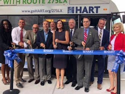 Route 275LX Ribbon-Cutting guests and speakers (L-R) HART Board of Directors Melanie Williams, !p Chief Potential Officer Mark Sharpe, TPA CEO Joe Lopano, HART Board of Directors Richard McClain, Director of Operations SSP America David Janecek, Florida State Senator Dana Young, District 18, Florida Department of Transportation District Seven Secretary David Gwynn, HART Interim Interim Chief Executive Officer Jeff Seward, Pasco County Commissioner Mike Moore, Chair, Hillsborough County Commissioner and HART Board of Directors Sandra Murman. Route 275LX Ribbon-Cutting guests and speakers (L-R) HART Board of Directors Melanie Williams, !p Chief Potential Officer Mark Sharpe, TPA CEO Joe Lopano, HART Board of Directors Richard McClain, Director of Operations SSP America David Janecek, Florida State Senator Dana Young, District 18, Florida Department of Transportation District Seven Secretary David Gwynn, HART Interim Interim Chief Executive Officer Jeff Seward, Pasco County Commissioner Mike Moore, Chair, Hillsborough County Commissioner and HART Board of Directors Sandra Murman.