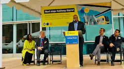Philip Washington, CEO of LA Metro, addresses the celebration of the halfway milestone for the Los Angeles Regional Connector project.