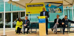 Philip Washington, CEO of LA Metro, addresses the celebration of the halfway milestone for the Los Angeles Regional Connector project.