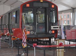 The Red Line mock-up car on display at City Hall Plaza.