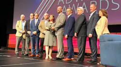 Pictured at the Sept. 24 award ceremony during the 2018 APTA Annual Meeting in Nashville are from left: Lee Kemp, MCI Regional Sales Vice President Public Sector; Scott Robertson, NFI Parts Vice President of Customer Service; Lou Quaglia, MCI Regional Sales Vice President Public Sector; Dustin Caldwell, NFI Parts Marketing Manager; Vicki Bowman, MCI Marketing Manager; Tom Wagner, MCI Vice President of Public Sector; Patrick Scully, MCI Executive Vice President of Sales and Marketing; and APTA presenters David Stackrow, Capital District Transportation Authority and APTA Chair; J.C. Vannatta, TriMet; and Pauletta Tonilas, LA Metro.