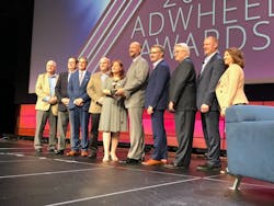 Pictured at the Sept. 24 award ceremony during the 2018 APTA Annual Meeting in Nashville are from left: Lee Kemp, MCI Regional Sales Vice President Public Sector; Scott Robertson, NFI Parts Vice President of Customer Service; Lou Quaglia, MCI Regional Sales Vice President Public Sector; Dustin Caldwell, NFI Parts Marketing Manager; Vicki Bowman, MCI Marketing Manager; Tom Wagner, MCI Vice President of Public Sector; Patrick Scully, MCI Executive Vice President of Sales and Marketing; and APTA presenters David Stackrow, Capital District Transportation Authority and APTA Chair; J.C. Vannatta, TriMet; and Pauletta Tonilas, LA Metro. Pictured at the Sept. 24 award ceremony during the 2018 APTA Annual Meeting in Nashville are from left: Lee Kemp, MCI Regional Sales Vice President Public Sector; Scott Robertson, NFI Parts Vice President of Customer Service; Lou Quaglia, MCI Regional Sales Vice President Public Sector; Dustin Caldwell, NFI Parts Marketing Manager; Vicki Bowman, MCI Marketing Manager; Tom Wagner, MCI Vice President of Public Sector; Patrick Scully, MCI Executive Vice President of Sales and Marketing; and APTA presenters David Stackrow, Capital District Transportation Authority and APTA Chair; J.C. Vannatta, TriMet; and Pauletta Tonilas, LA Metro.