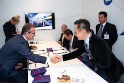 Laurent Troger, President, Bombardier Transportation and Datok Dr. Mohd Yusoff Sulaiman, President &amp; CEO, MIGHT, as well as representatives from MIGHT and Bombardier Transportation, sign a rail industry expertise MoU at InnoTrans 2018.