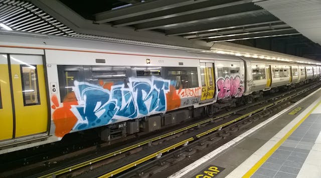 Grafitti on a Class 376 Electrostar at Cannon Street station.