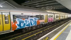 Grafitti on a Class 376 Electrostar at Cannon Street station. Grafitti on a Class 376 Electrostar at Cannon Street station.