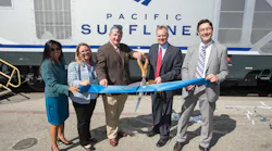 Ribbon cutting ceremony in honor of new Charger locomotives with (left) Shirley Choate, Interim District Director Caltrans District 7; Jennifer L. Bergener, Managing Director LOSSAN Rail Corridor Agency; Tony Kranz, Board Member LOSSAN Rail Corridor Agency; Brian C. Annis, Secretary of California State Transportation Agency; Armin Kick, Vice President, Locomotives and High-Speed Trainsets, Siemens.