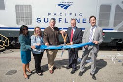 Ribbon cutting ceremony in honor of new Charger locomotives with (left) Shirley Choate, Interim District Director Caltrans District 7; Jennifer L. Bergener, Managing Director LOSSAN Rail Corridor Agency; Tony Kranz, Board Member LOSSAN Rail Corridor Agency; Brian C. Annis, Secretary of California State Transportation Agency; Armin Kick, Vice President, Locomotives and High-Speed Trainsets, Siemens.