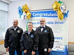 From left: Two million mile driver Ken Sahota, and million mile drivers Jennifer Routley and Rocky Cazares honored for safe driving. Not pictured: Tajinder Mahal and Thomas Rairden. From left: Two million mile driver Ken Sahota, and million mile drivers Jennifer Routley and Rocky Cazares honored for safe driving. Not pictured: Tajinder Mahal and Thomas Rairden.