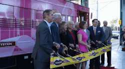 New Era of the TECO Line Streetcar System ribbon cutting guests and speakers (L-R) HART Board of Directors Vice Chair Richard McClain, HART Board of Directors Secretary and Tampa City Councilman Mike Suarez, HART Board of Directors member Adam Harden, Tampa Historic Streetcar Board Vice President Abbey Dohring Ahern, Chair, Hillsborough County Commissioner and HART Board of Directors Sandra Murman,Tampa Historic Streetcar Board President Michael English, Former Mayor Dick Greco, HART Interim Interim Chief Executive Officer Jeff Seward, HART Board of Directors Melanie Williams, Hillsborough County Commissioner Victor Crist.
