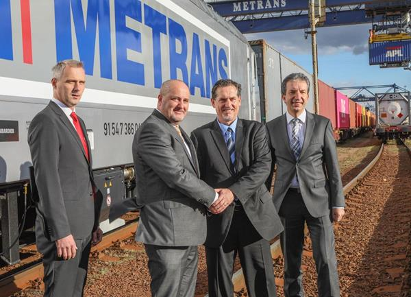 Handover of the 40th BOMBARDIER TRAXX MS2 multi-system locomotive to Metrans (from left): Pavel Pokorny (Chief Financial Officer, Metrans), Martin Horinek (Chief Operating Officer, Metrans), Dominik Rohrer (Project Manager, Locomotives, Bombardier Transportation), Mike Niebling (Director Sales, Locomotives, Bombardier Transportation). Photo: HHLA/Lubom&iacute;r Vos&aacute;hlo.