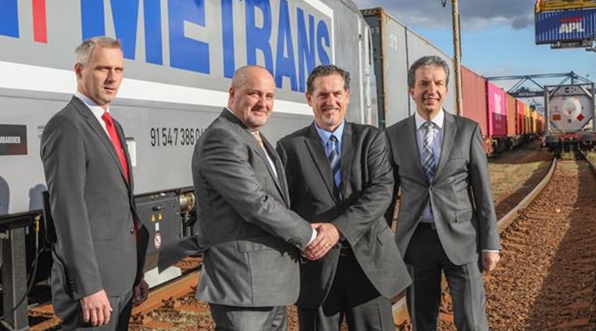 Handover of the 40th BOMBARDIER TRAXX MS2 multi-system locomotive to Metrans (from left): Pavel Pokorny (Chief Financial Officer, Metrans), Martin Horinek (Chief Operating Officer, Metrans), Dominik Rohrer (Project Manager, Locomotives, Bombardier Transportation), Mike Niebling (Director Sales, Locomotives, Bombardier Transportation). Photo: HHLA/Lubom&iacute;r Vos&aacute;hlo.