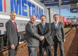 Handover of the 40th BOMBARDIER TRAXX MS2 multi-system locomotive to Metrans (from left): Pavel Pokorny (Chief Financial Officer, Metrans), Martin Horinek (Chief Operating Officer, Metrans), Dominik Rohrer (Project Manager, Locomotives, Bombardier Transportation), Mike Niebling (Director Sales, Locomotives, Bombardier Transportation). Photo: HHLA/Lubomír Vosáhlo. Handover of the 40th BOMBARDIER TRAXX MS2 multi-system locomotive to Metrans (from left): Pavel Pokorny (Chief Financial Officer, Metrans), Martin Horinek (Chief Operating Officer, Metrans), Dominik Rohrer (Project Manager, Locomotives, Bombardier Transportation), Mike Niebling (Director Sales, Locomotives, Bombardier Transportation). Photo: HHLA/Lubomír Vosáhlo.