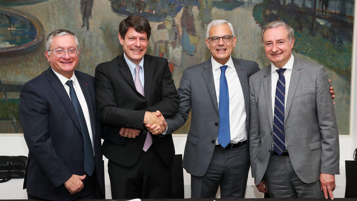 From left to right: Alain Sauret, president of Safran Electrical & Power, Thierry Best, chief operating officer of Alstom, Alain Di Crescenzo, chief executive officer of the Group IGE+XAO, and Jean Luc Moudenc, mayor of Toulouse.