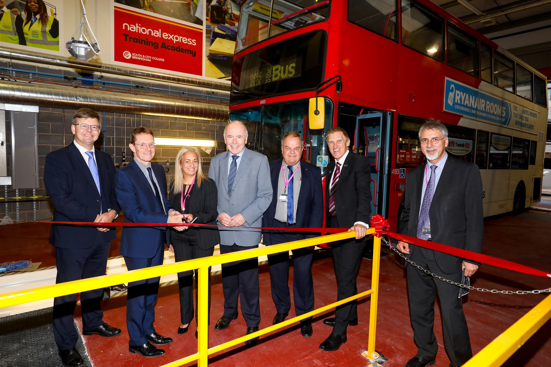 Pictured above: National Express UK Managing Director Tom Stables; Mayor of the West Midlands Andy Street; SCCB Deputy Faculty Head of Technology & Construction Studies Gmilla Loveridge; Jack Dromey MP; SCCB Chair of Governors Clive Henderson; SCCB Principal Mike Hopkins and SCCB Deputy Principal Sardul Dhesi.