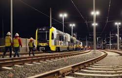 New cars are delivered to LACMTA's Southwestern Yard where they will begin testing before going into service on the Crenshaw/LAX Line. New cars are delivered to LACMTA's Southwestern Yard where they will begin testing before going into service on the Crenshaw/LAX Line.