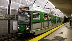 The first of 24 new Green Line vehicles entered service at MBTA's North Station. The first of 24 new Green Line vehicles entered service at MBTA's North Station.